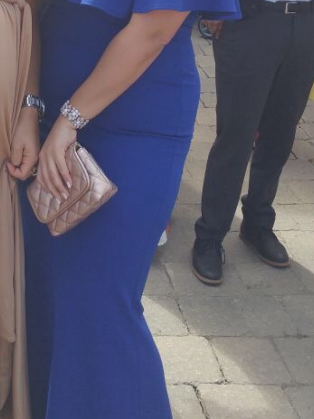 Blue long off shoulder wedding guest dress
